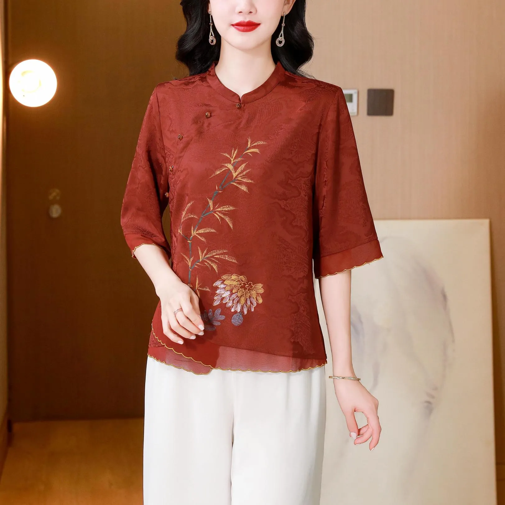 Loose-Fit Blouse Featuring Wrap Neckline and Five-Quarter Sleeves
