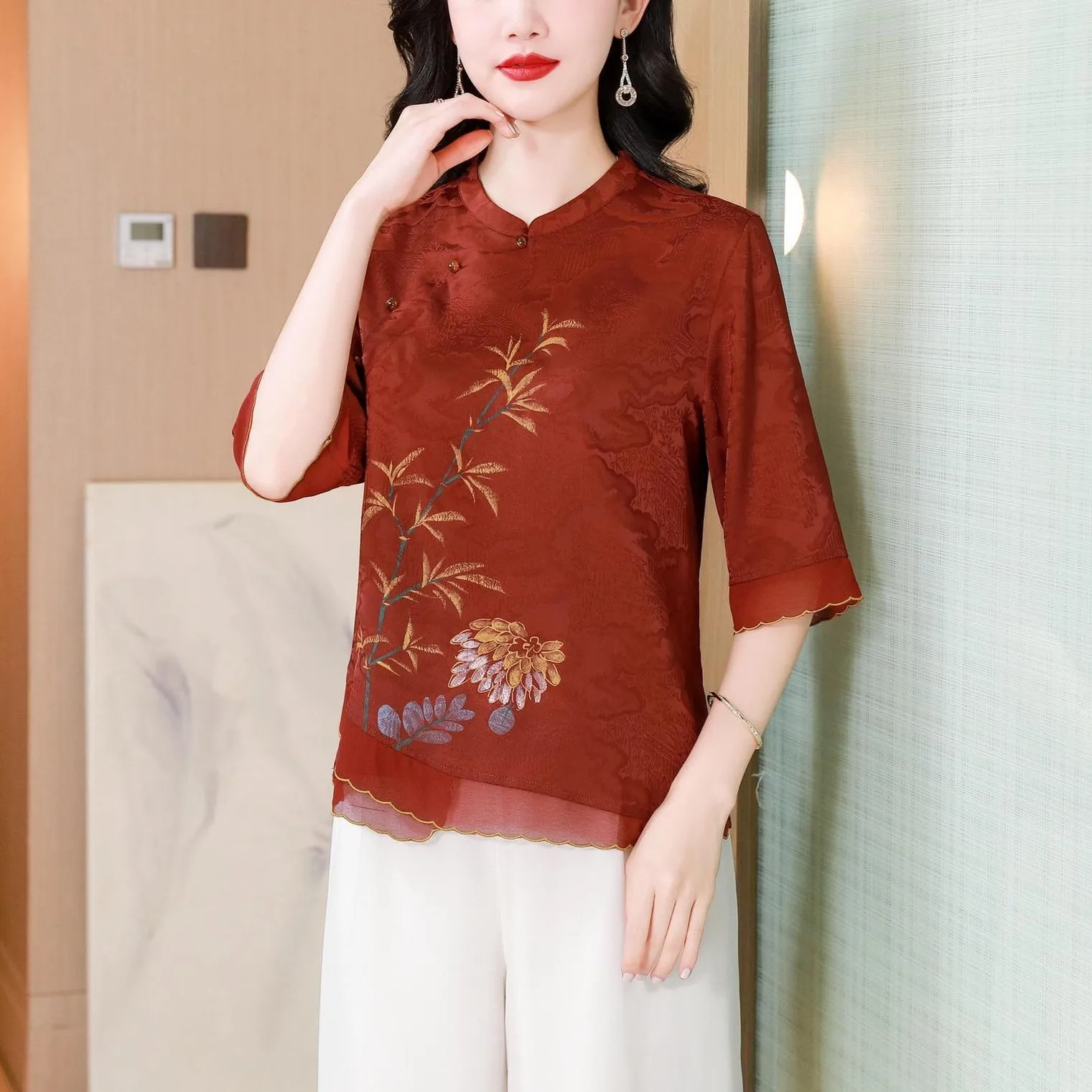 Loose-Fit Blouse Featuring Wrap Neckline and Five-Quarter Sleeves