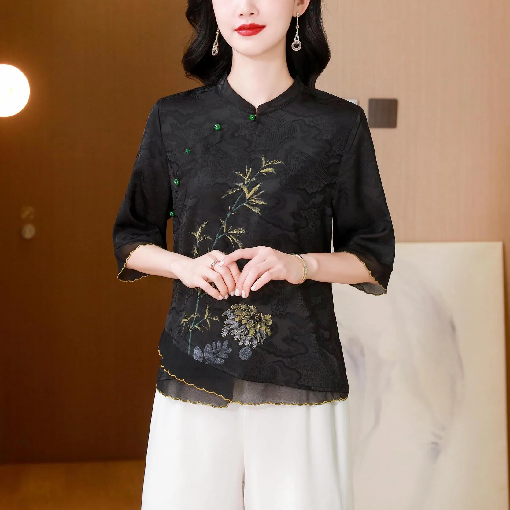 Loose-Fit Blouse Featuring Wrap Neckline and Five-Quarter Sleeves