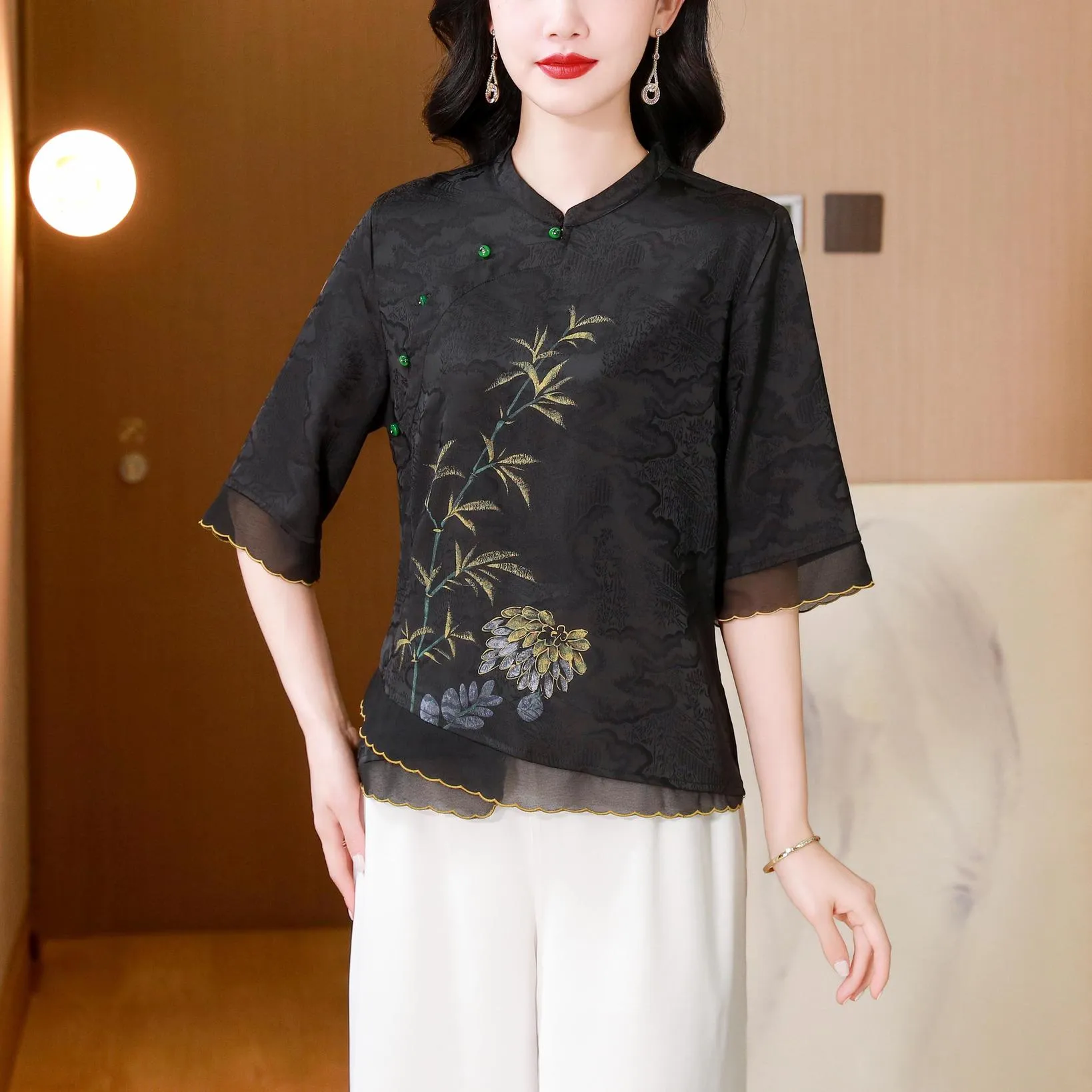 Loose-Fit Blouse Featuring Wrap Neckline and Five-Quarter Sleeves