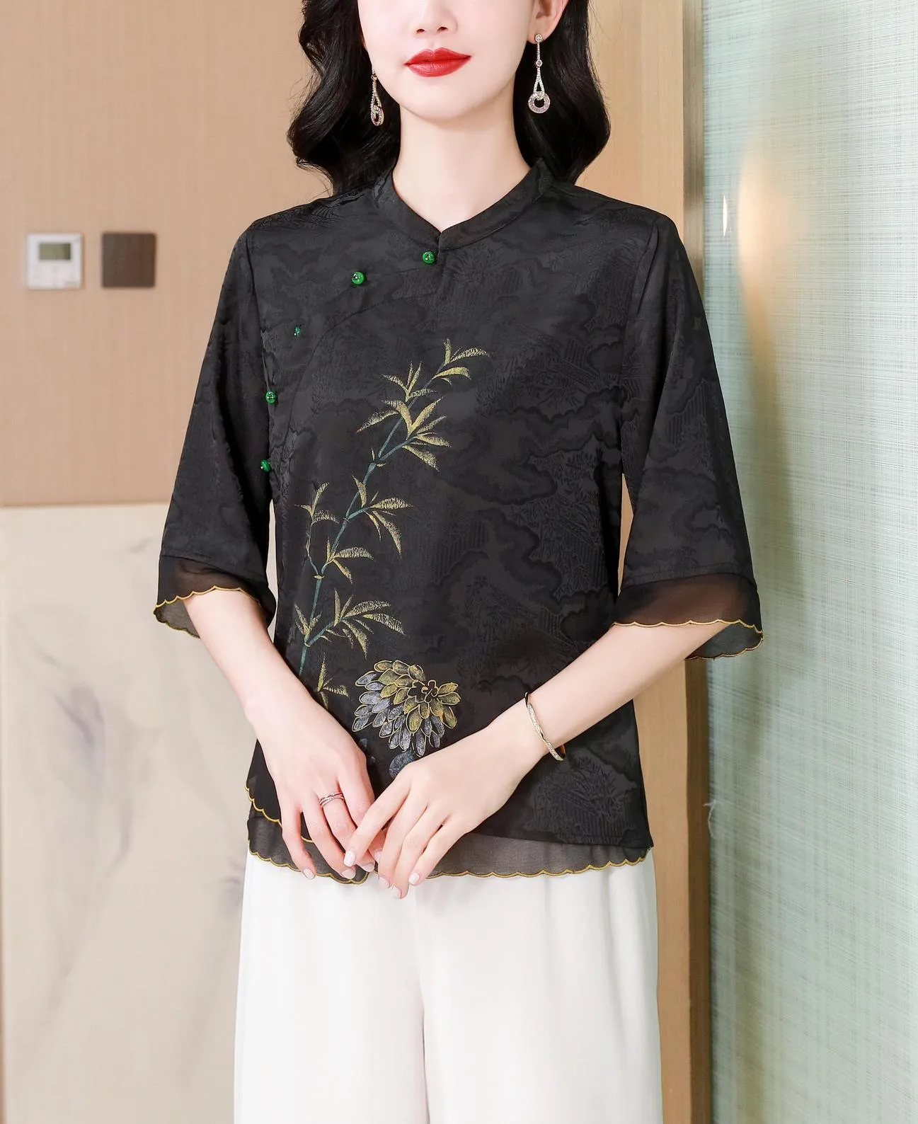 Loose-Fit Blouse Featuring Wrap Neckline and Five-Quarter Sleeves