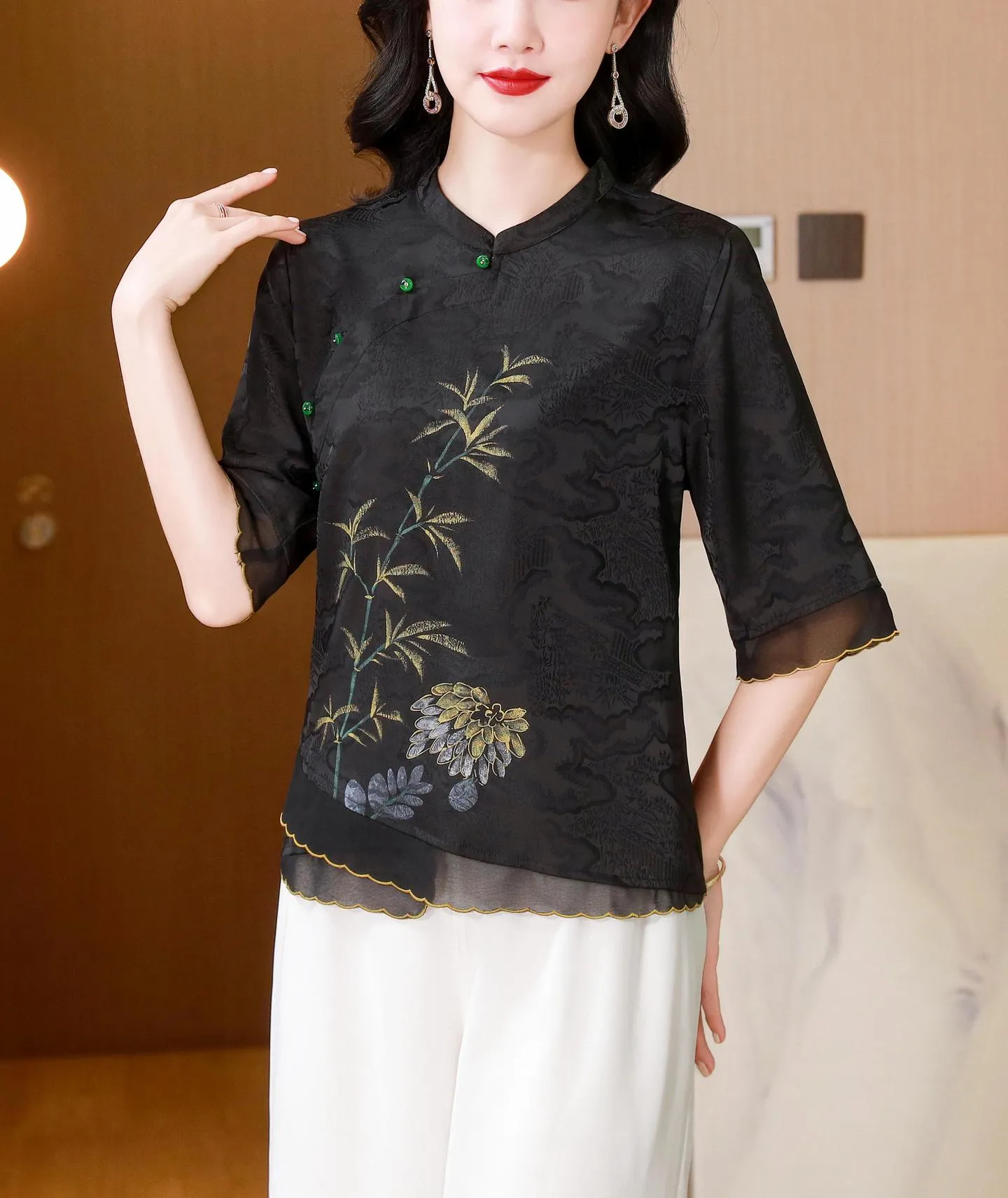 Loose-Fit Blouse Featuring Wrap Neckline and Five-Quarter Sleeves