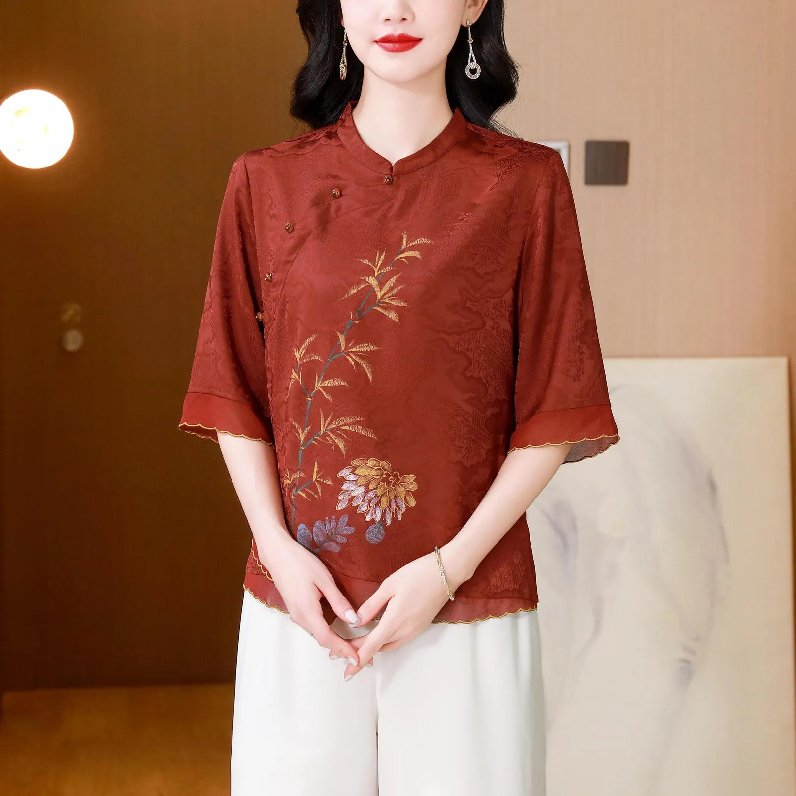 Loose-Fit Blouse Featuring Wrap Neckline and Five-Quarter Sleeves