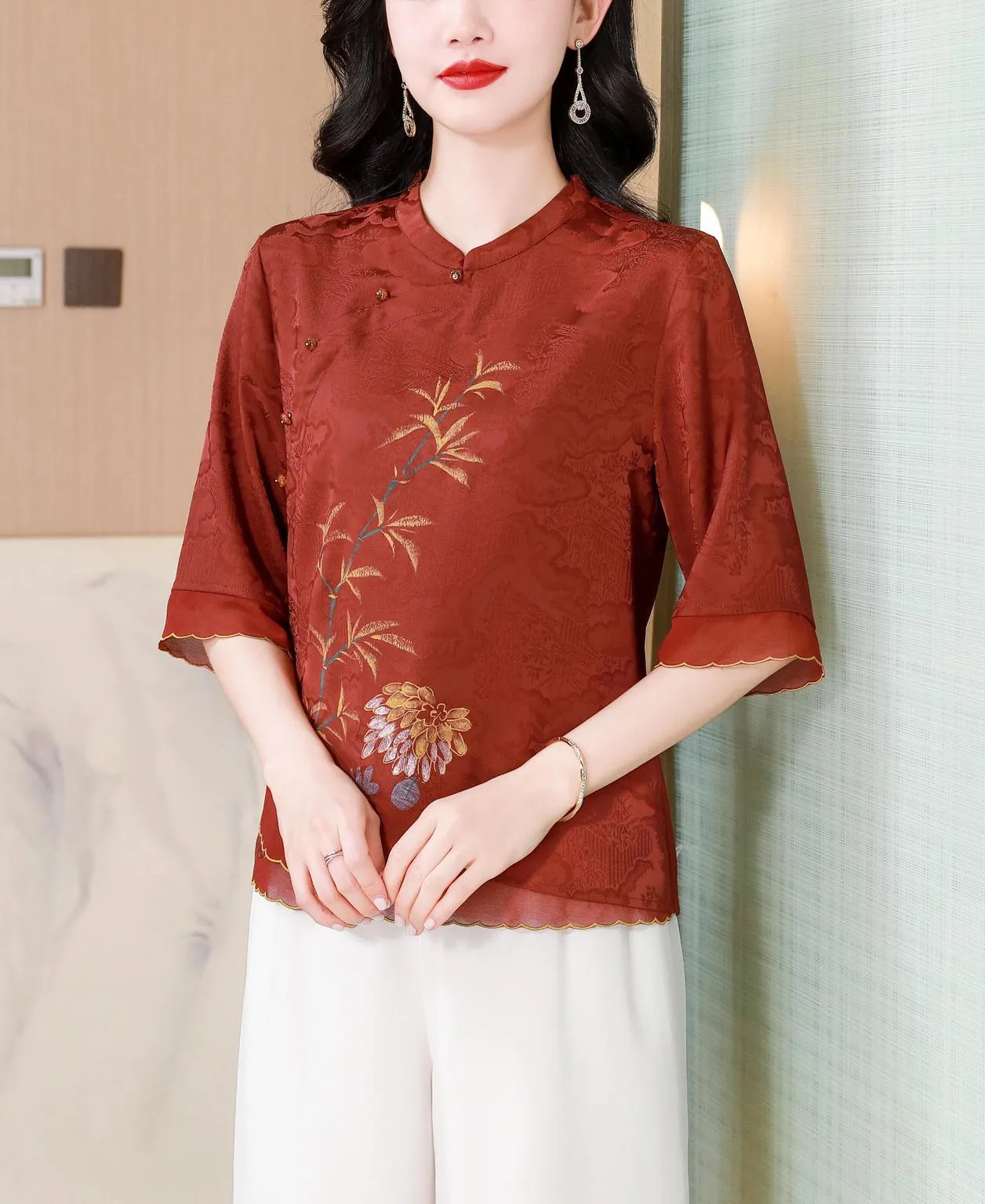 Loose-Fit Blouse Featuring Wrap Neckline and Five-Quarter Sleeves