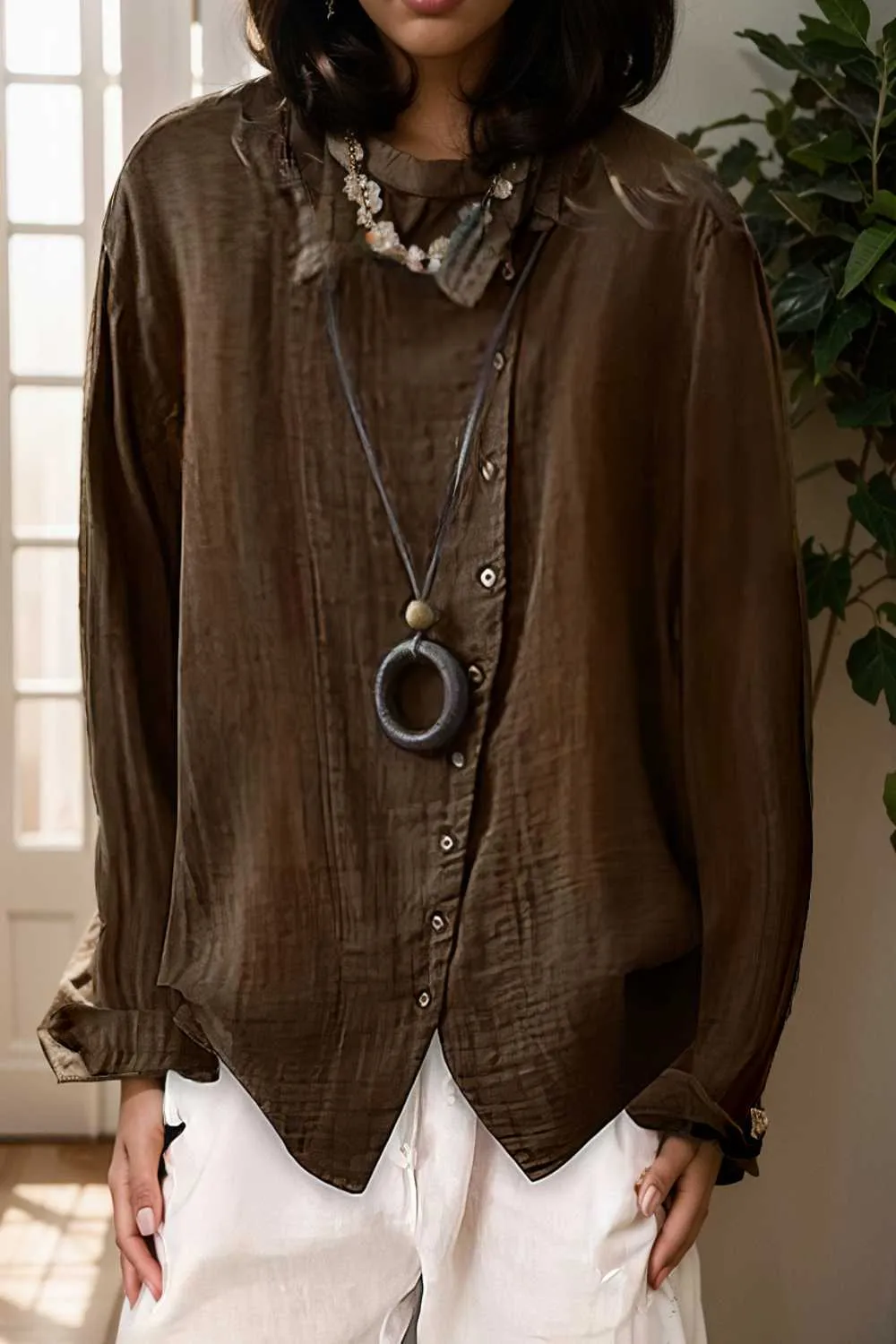 loose solid buttons long sleeves blouses