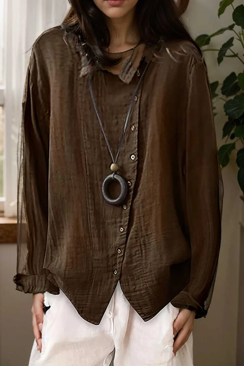 loose solid buttons long sleeves blouses