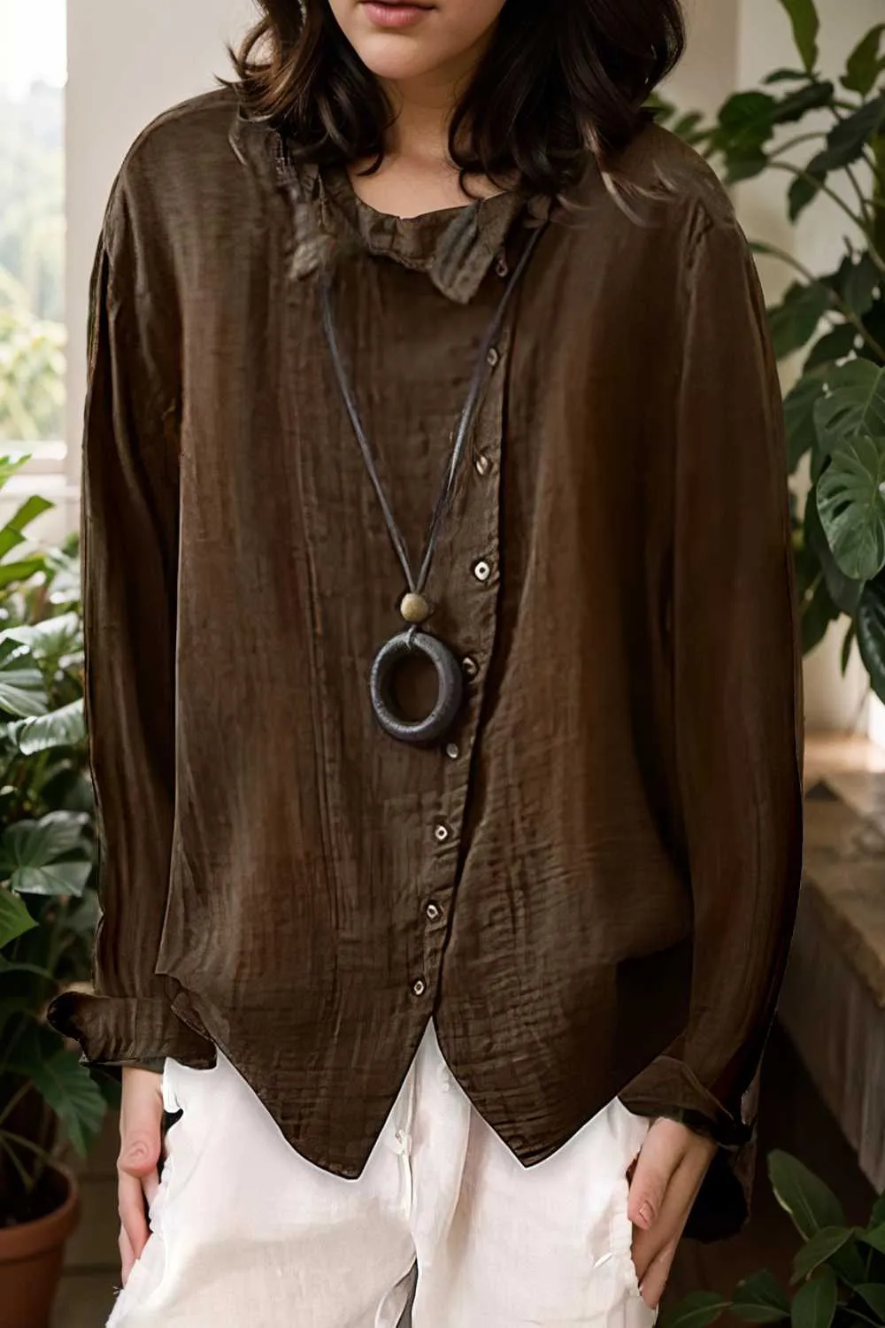loose solid buttons long sleeves blouses