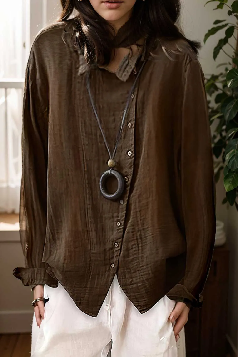 loose solid buttons long sleeves blouses