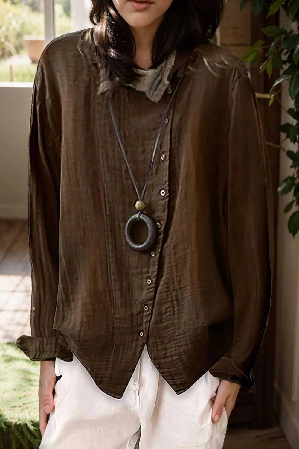 loose solid buttons long sleeves blouses