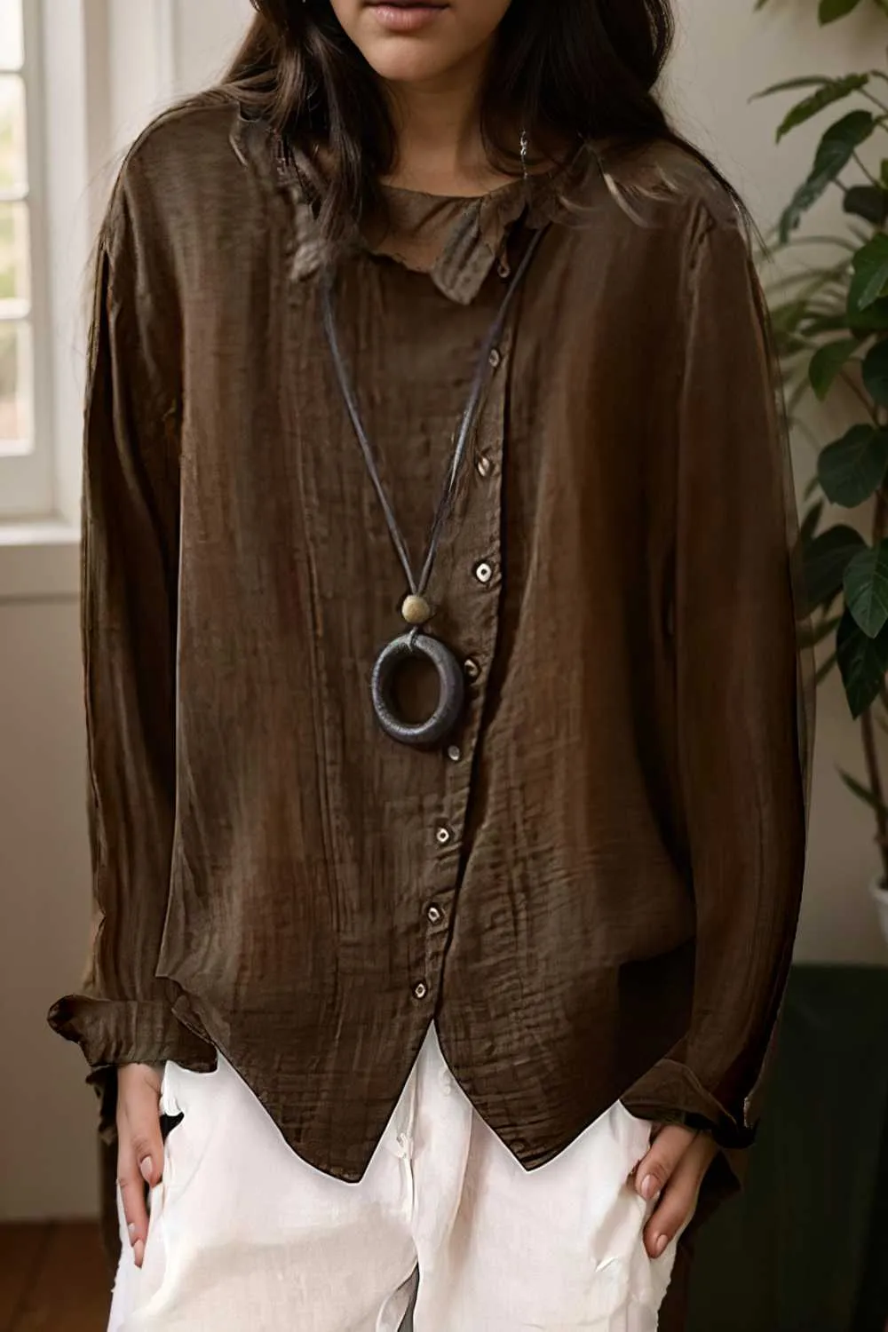 loose solid buttons long sleeves blouses