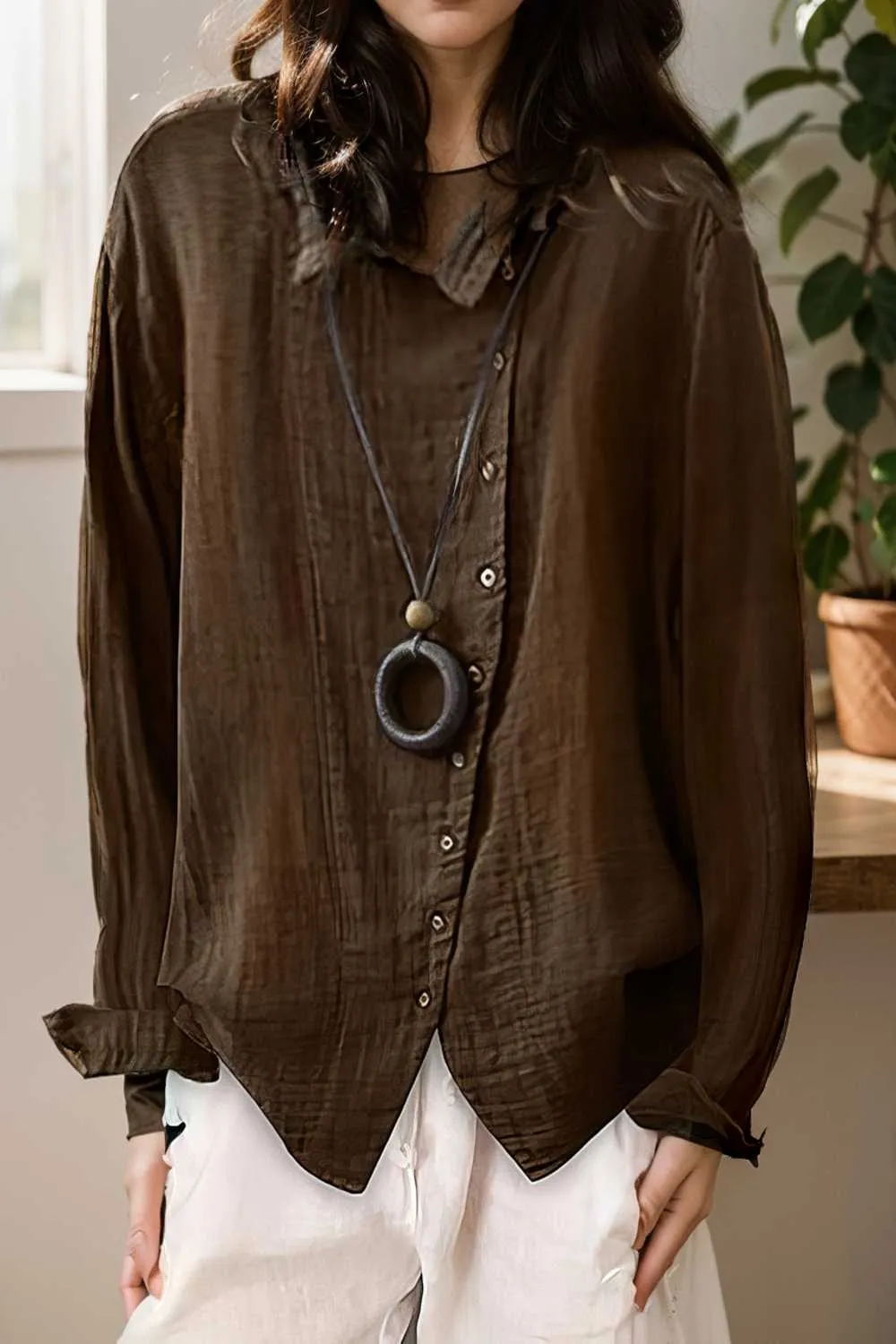 loose solid buttons long sleeves blouses