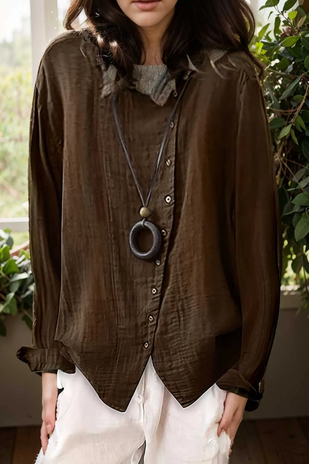 loose solid buttons long sleeves blouses