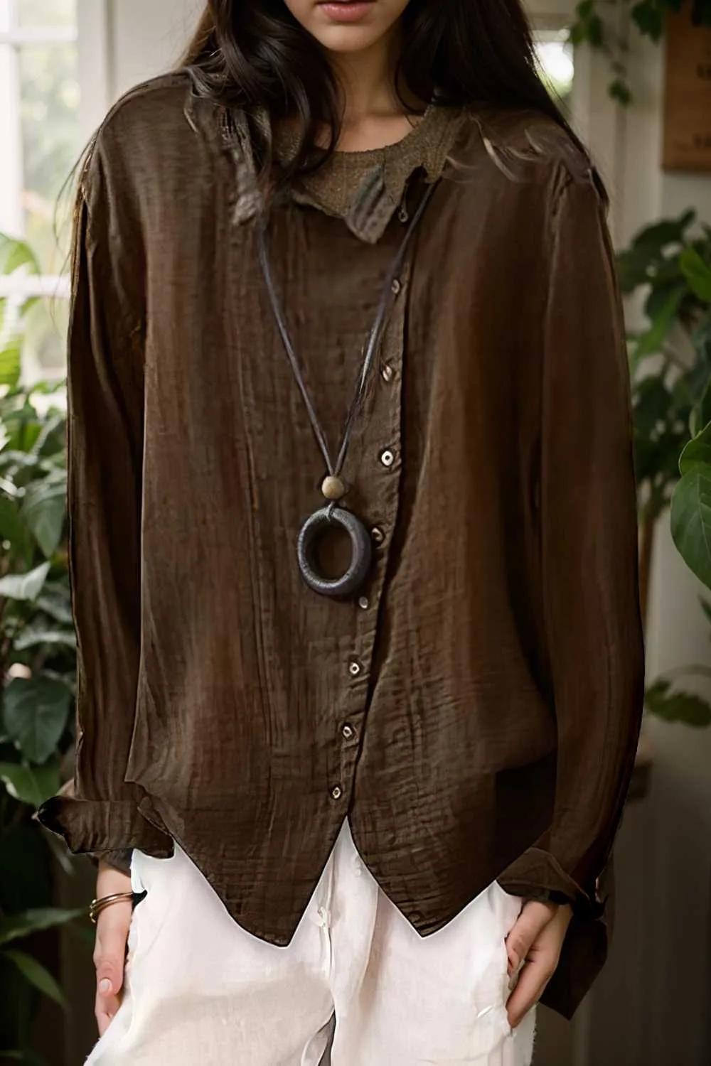 loose solid buttons long sleeves blouses