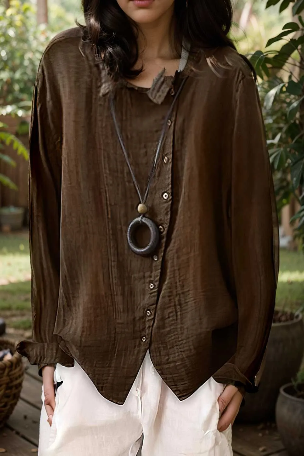 loose solid buttons long sleeves blouses