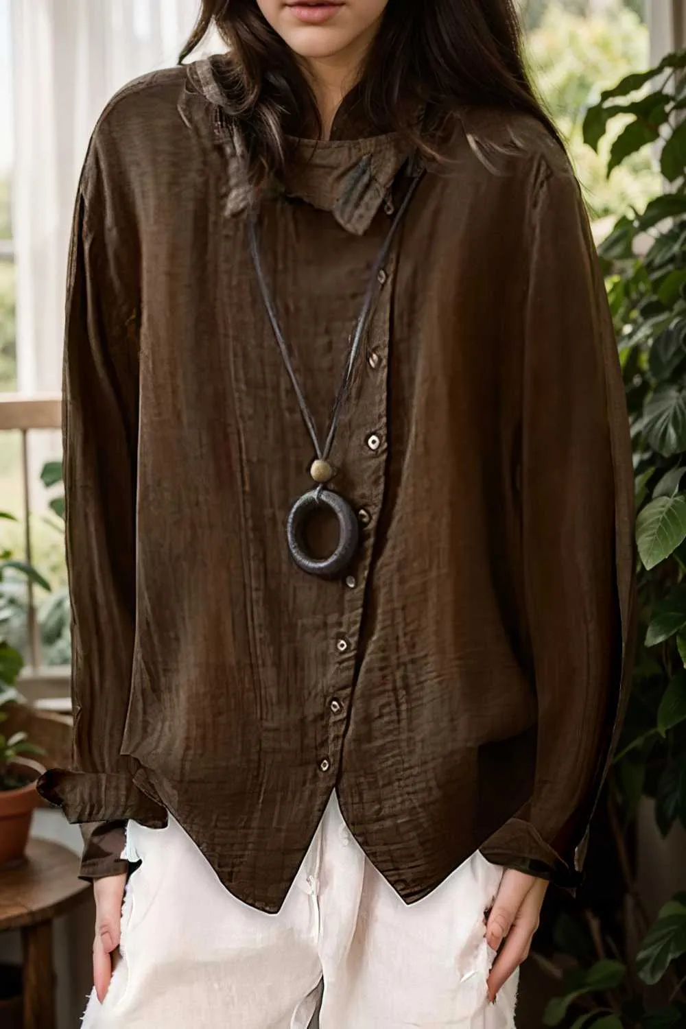 loose solid buttons long sleeves blouses