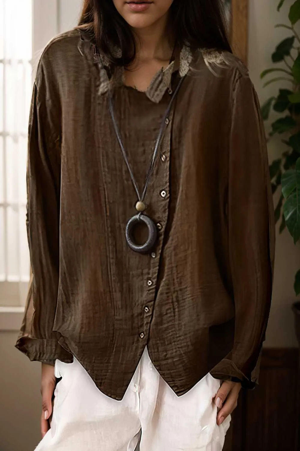 loose solid buttons long sleeves blouses