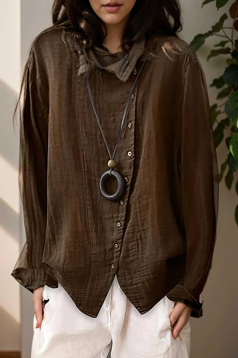 loose solid buttons long sleeves blouses