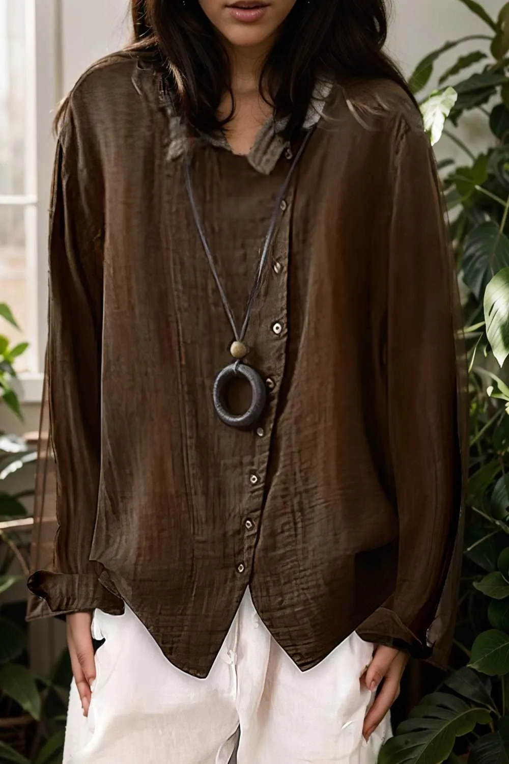 loose solid buttons long sleeves blouses