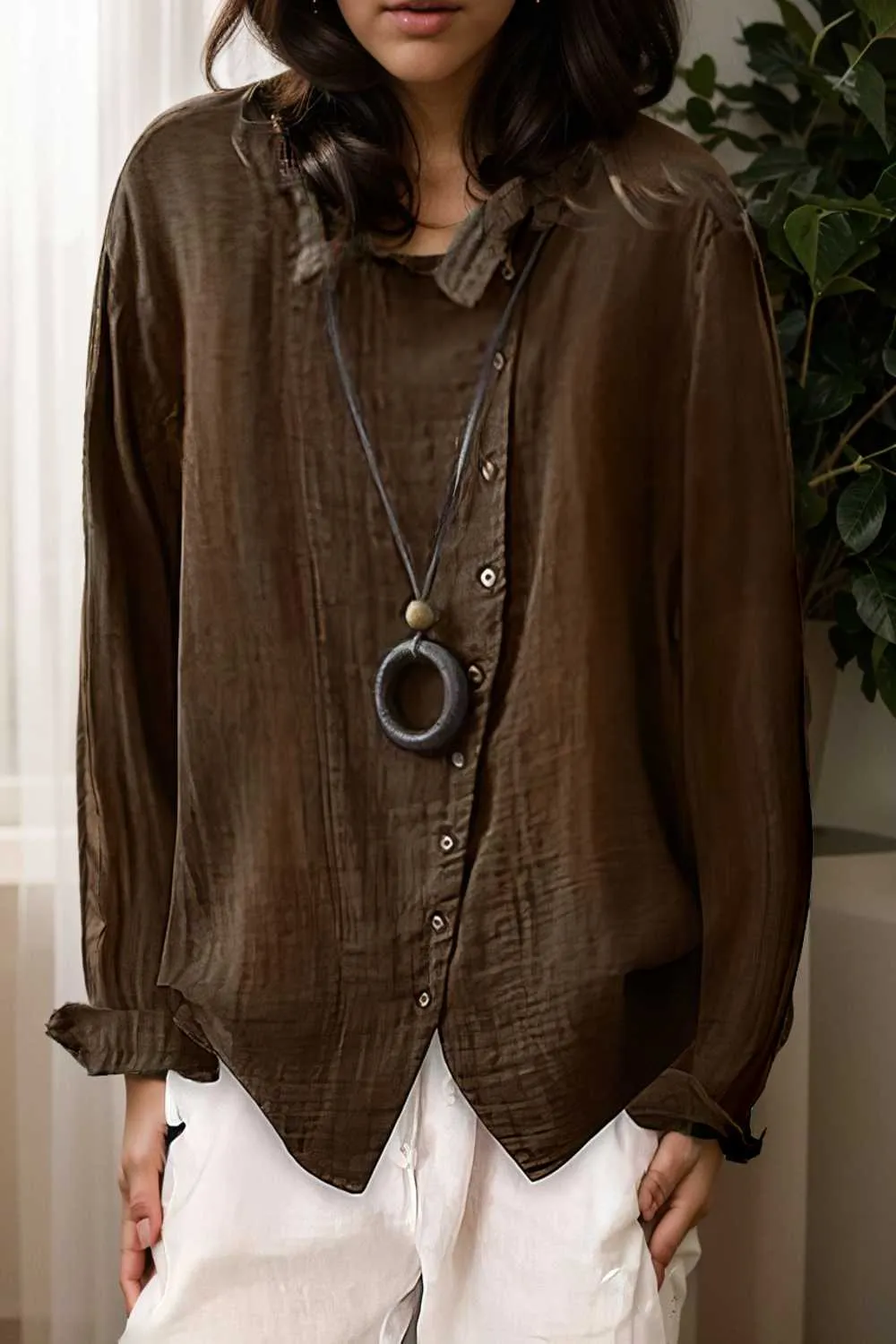 loose solid buttons long sleeves blouses