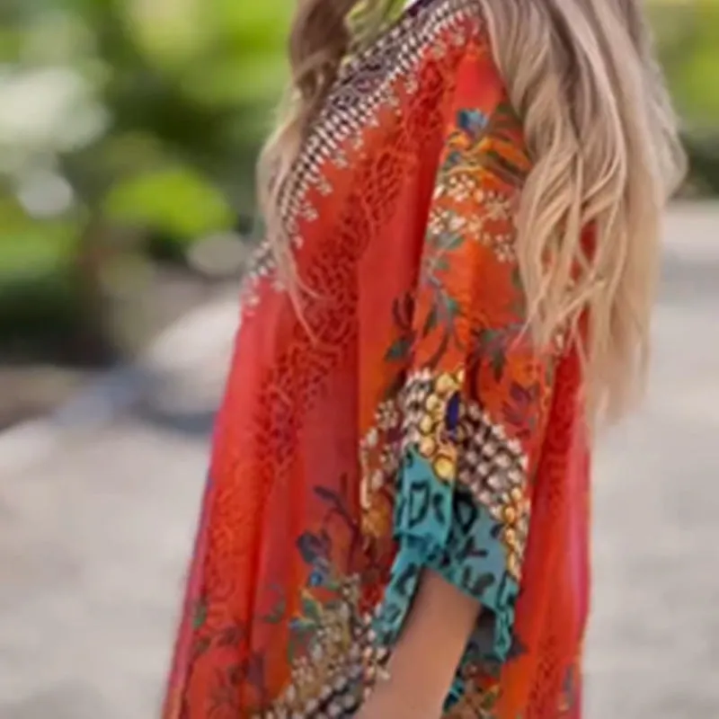 lusailstore - loose printed v-neck ethnic style blouses