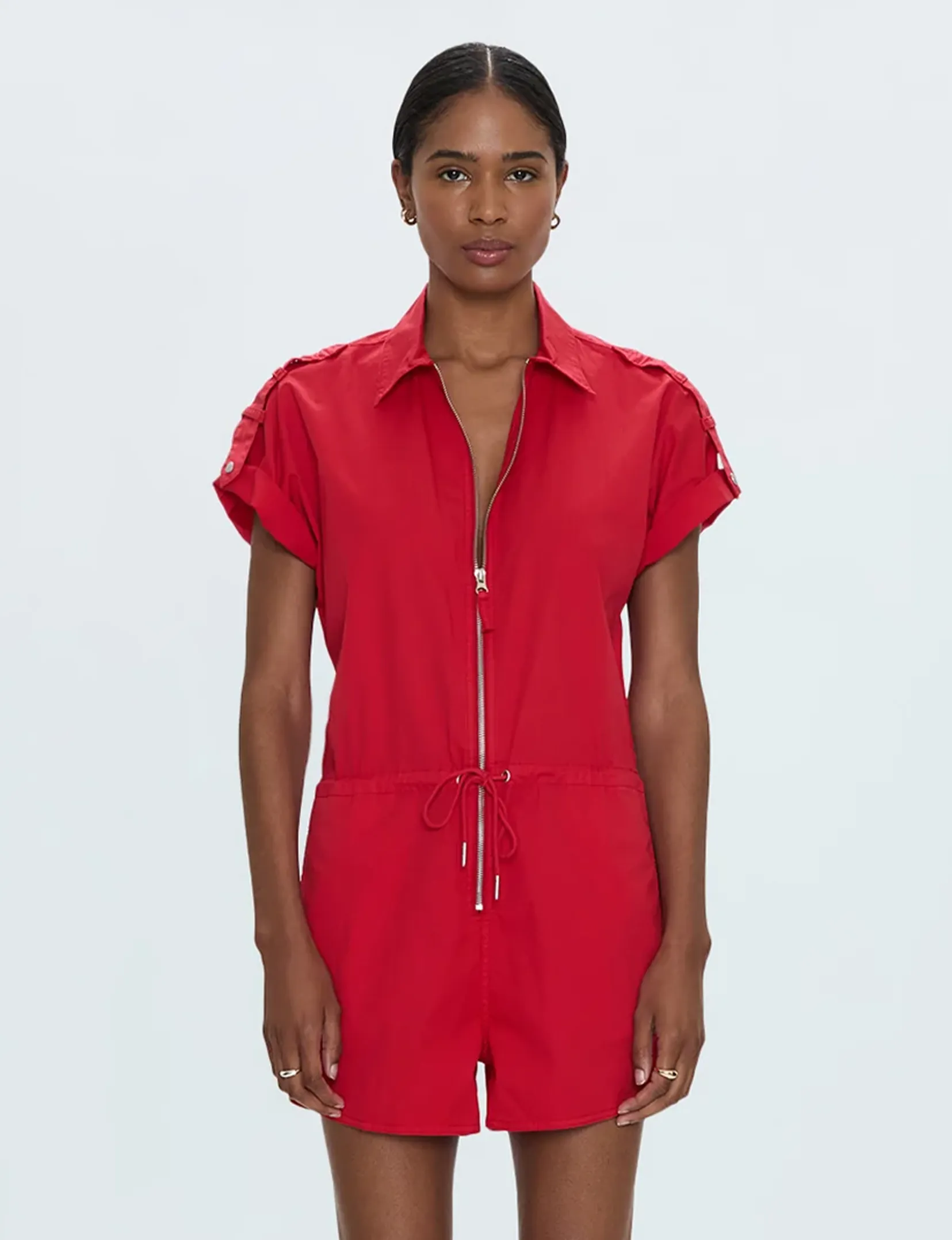 Meg Short Sleeve Zip Up Romper, Ruby