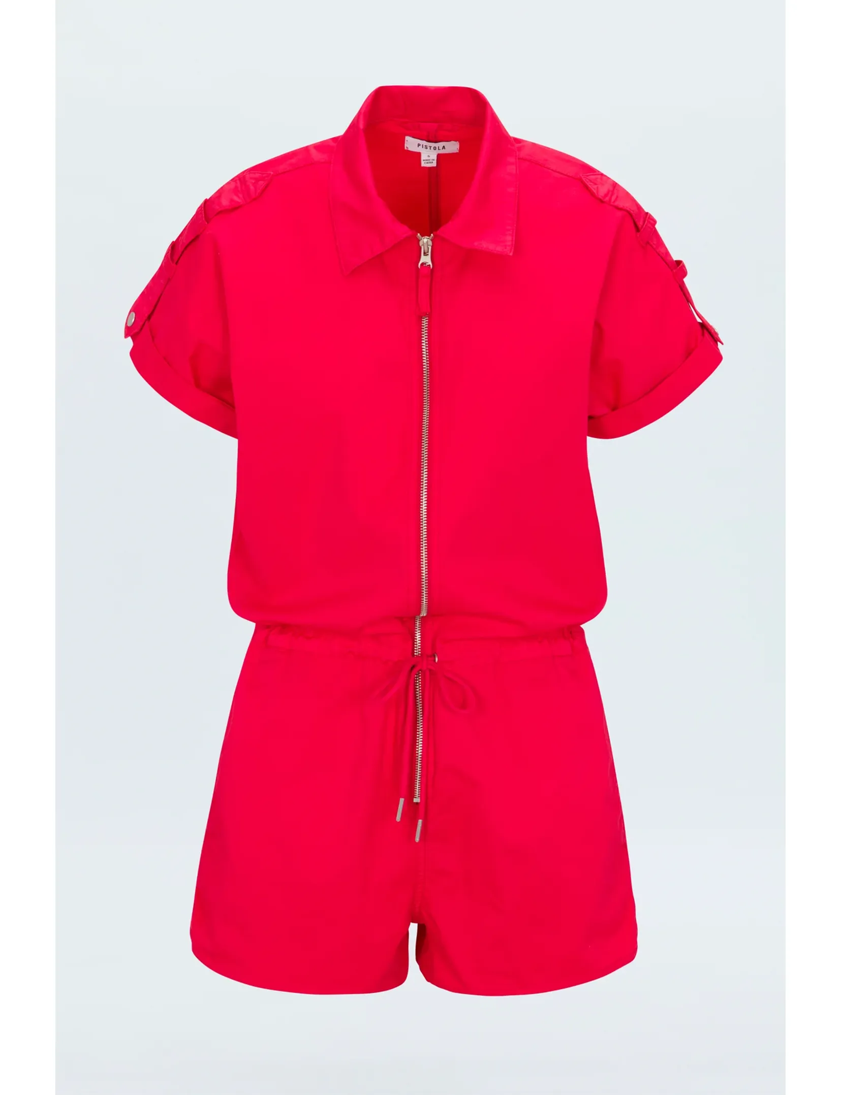 Meg Short Sleeve Zip Up Romper, Ruby