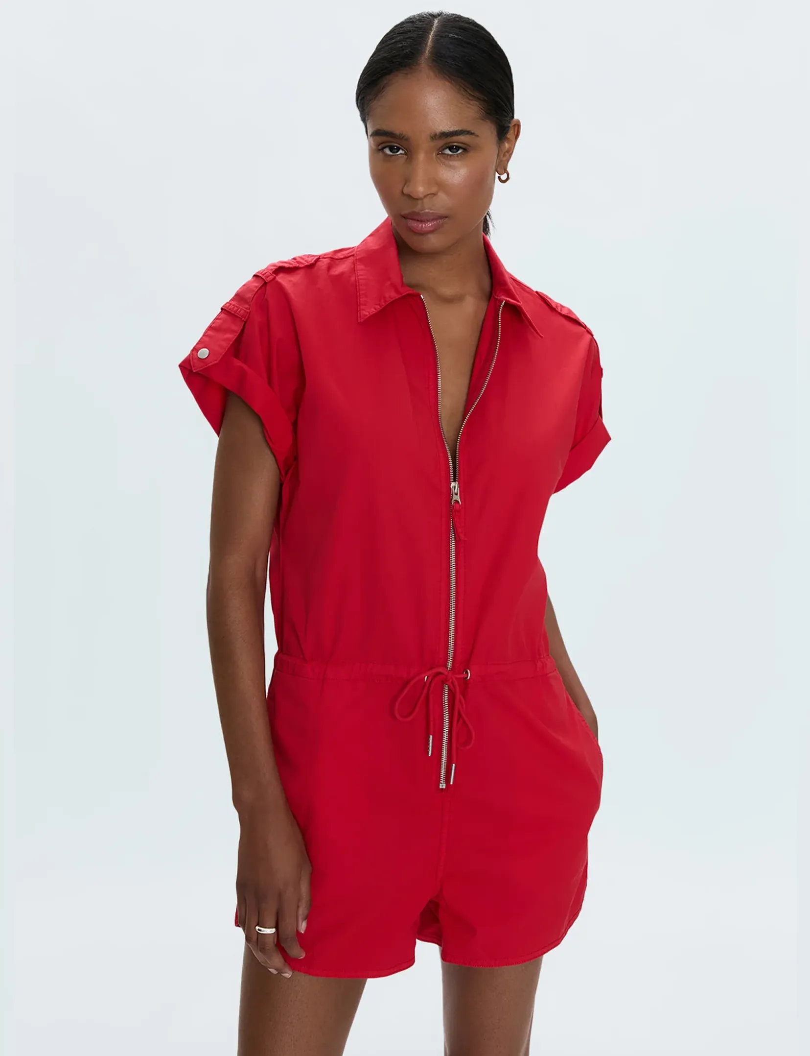 Meg Short Sleeve Zip Up Romper, Ruby