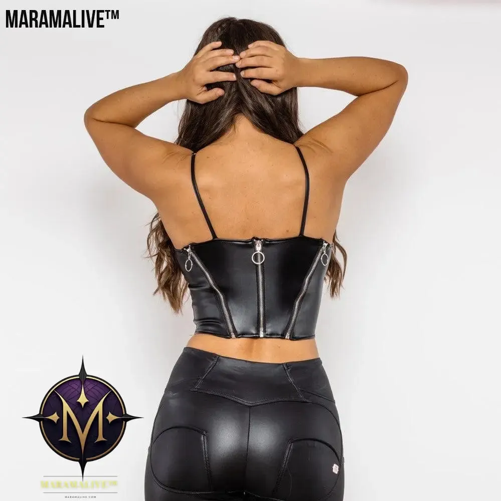 Melody Black Pu Leather Shapers Zippers Crop Top Gothic Women Slim Fit Tops Sleeveless Straps Tank Top
