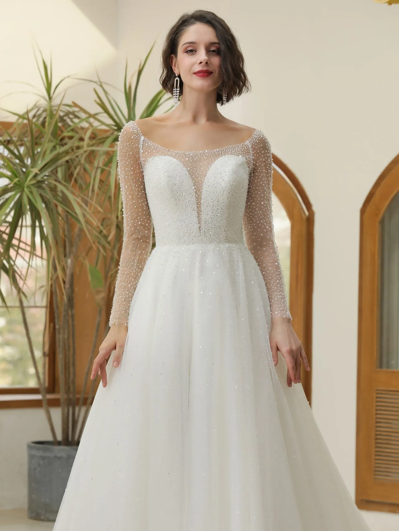 Mix Beading Plunge Neckline A-Line Wedding Dress Jasmine