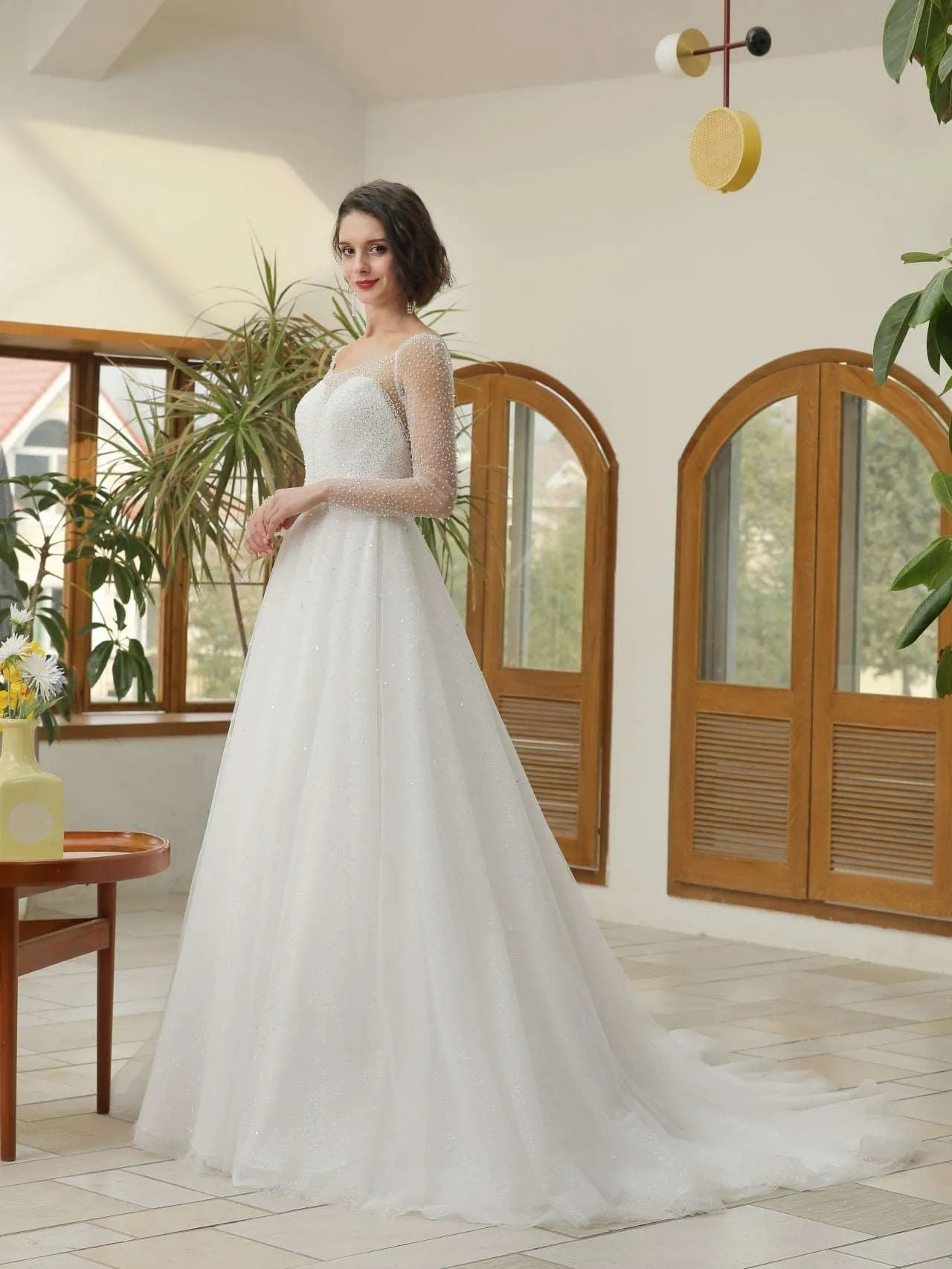 Mix Beading Plunge Neckline A-Line Wedding Dress Jasmine