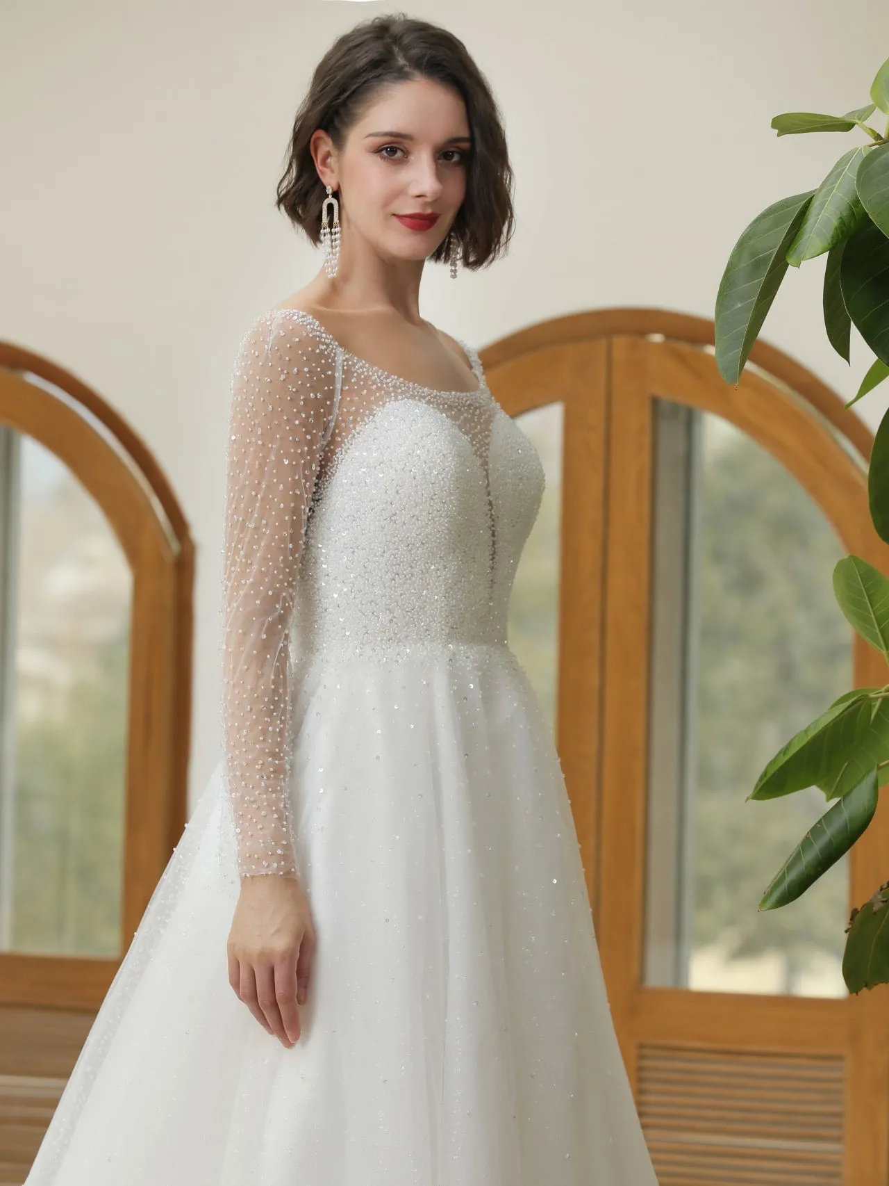 Mix Beading Plunge Neckline A-Line Wedding Dress Jasmine