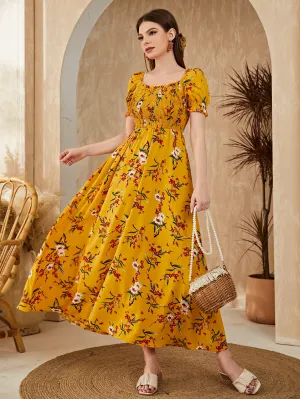 Mulvari Floral Square Neck Shirred A-line Dress