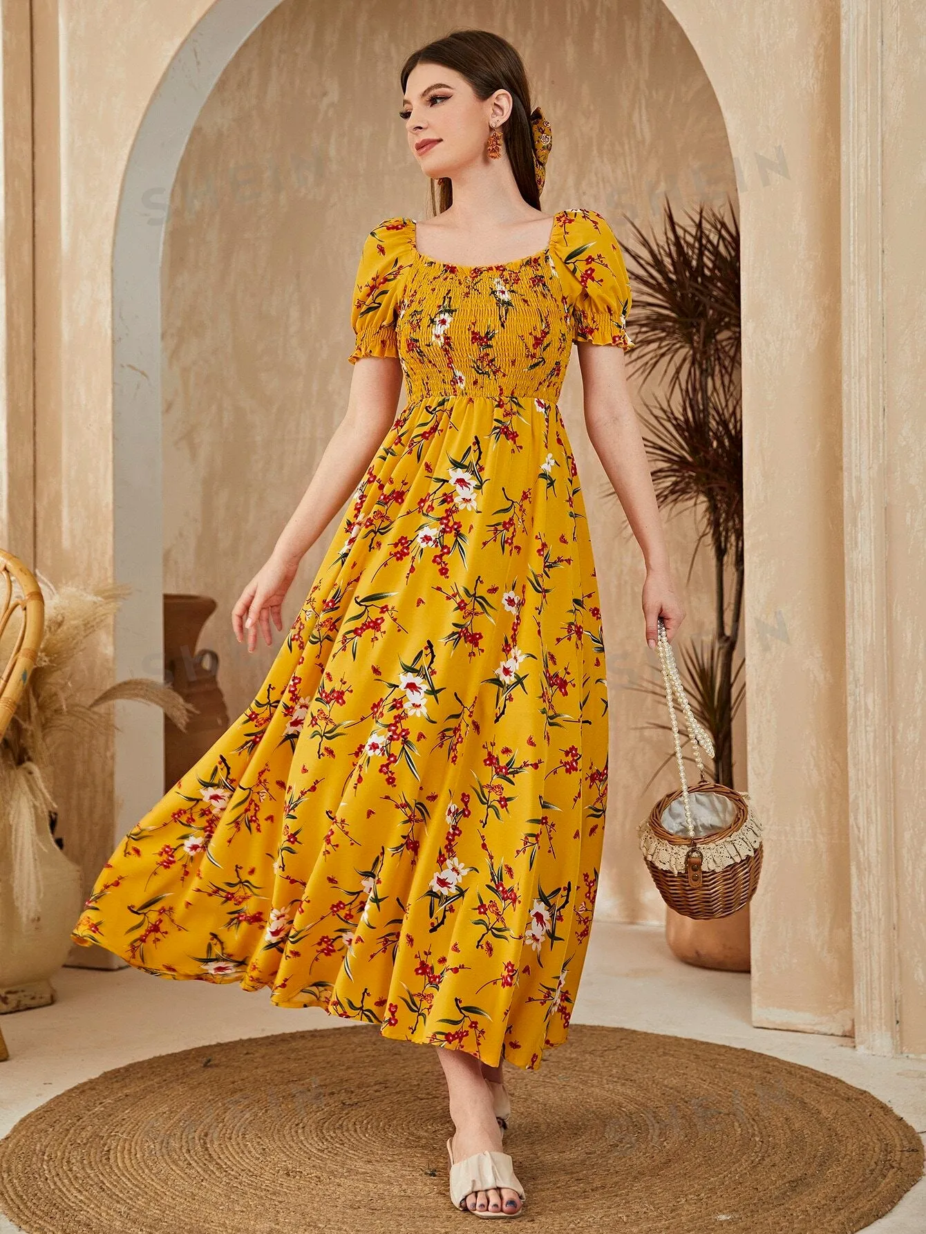 Mulvari Floral Square Neck Shirred A-line Dress