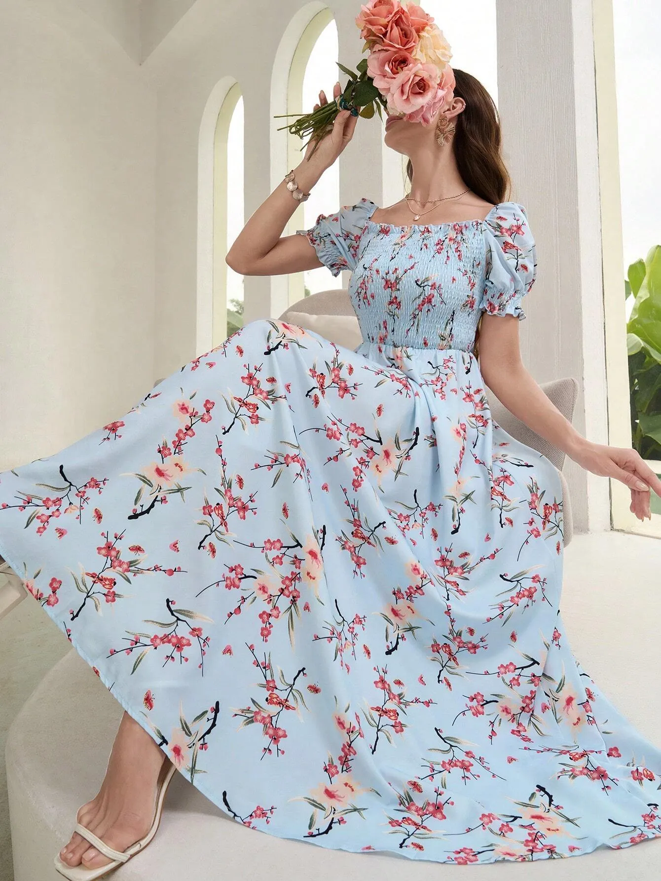 Mulvari Floral Square Neck Shirred A-line Dress