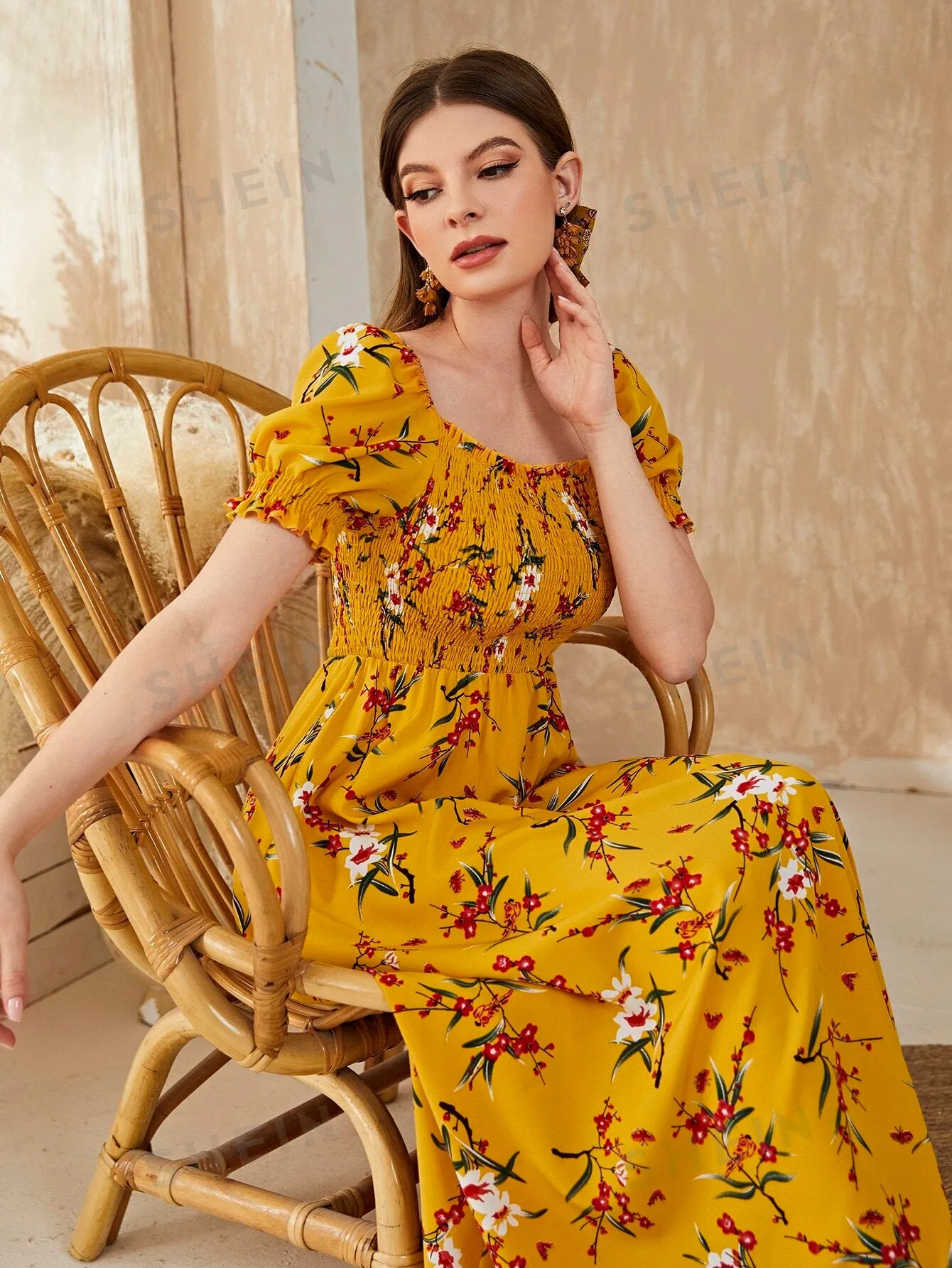 Mulvari Floral Square Neck Shirred A-line Dress
