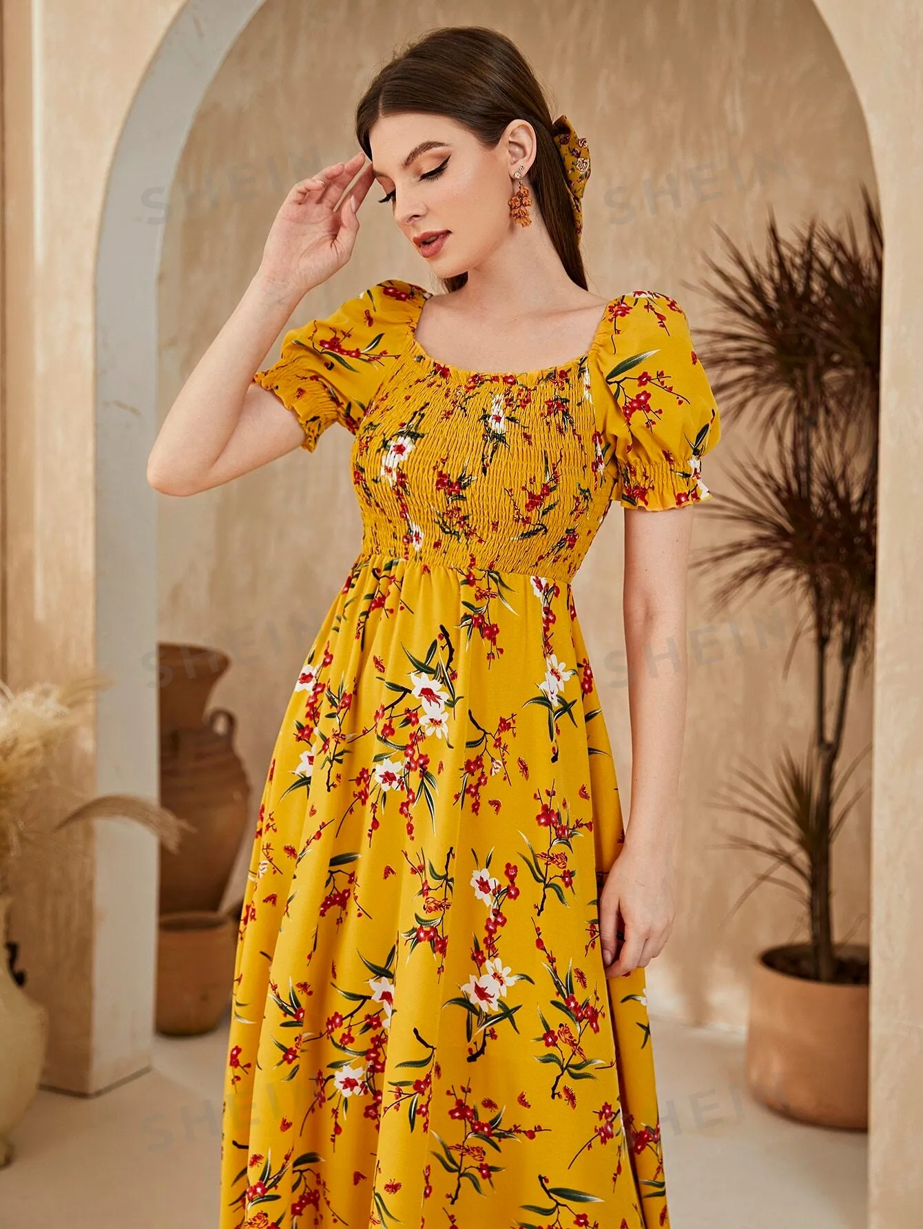 Mulvari Floral Square Neck Shirred A-line Dress