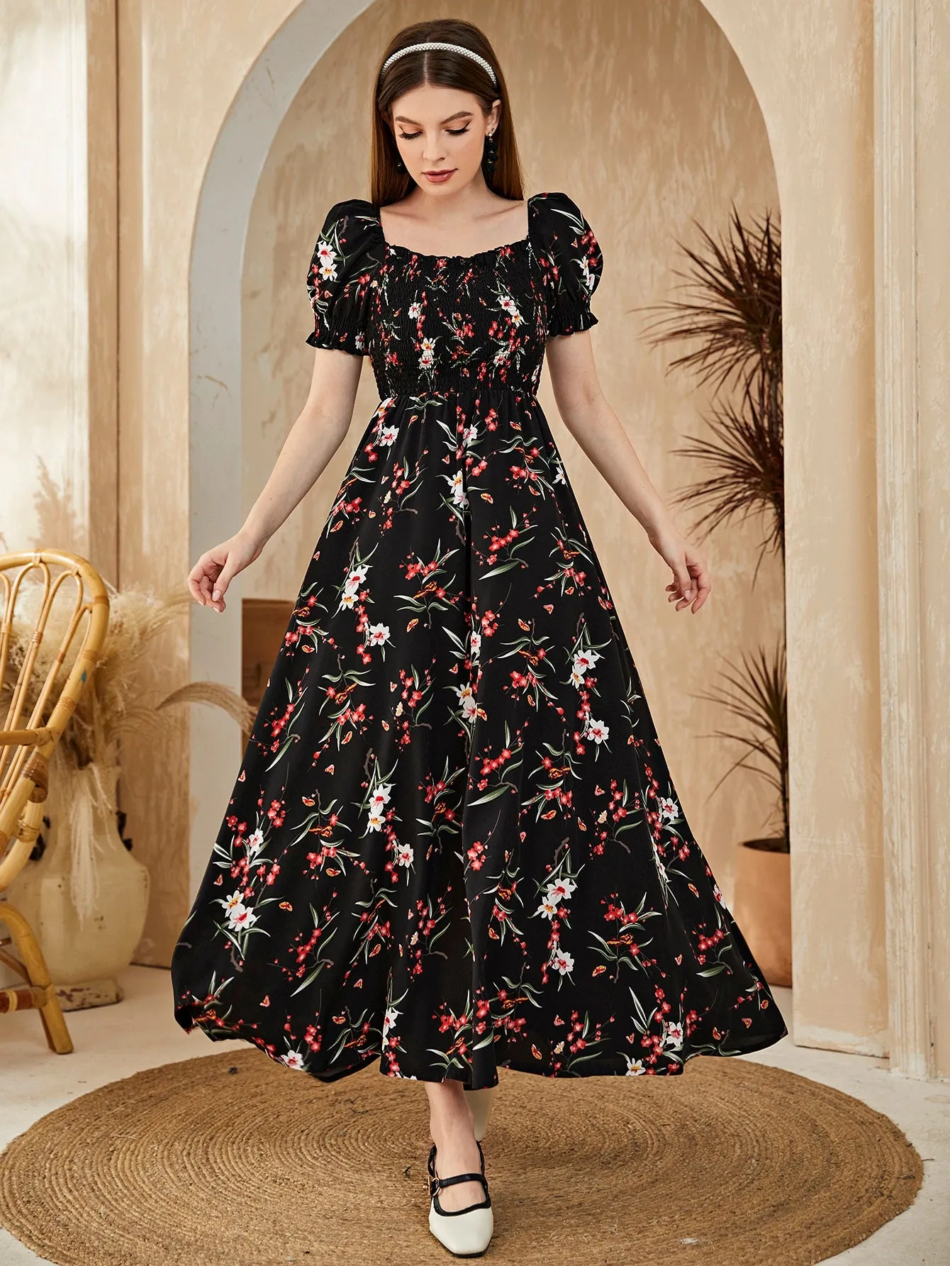 Mulvari Floral Square Neck Shirred A-line Dress