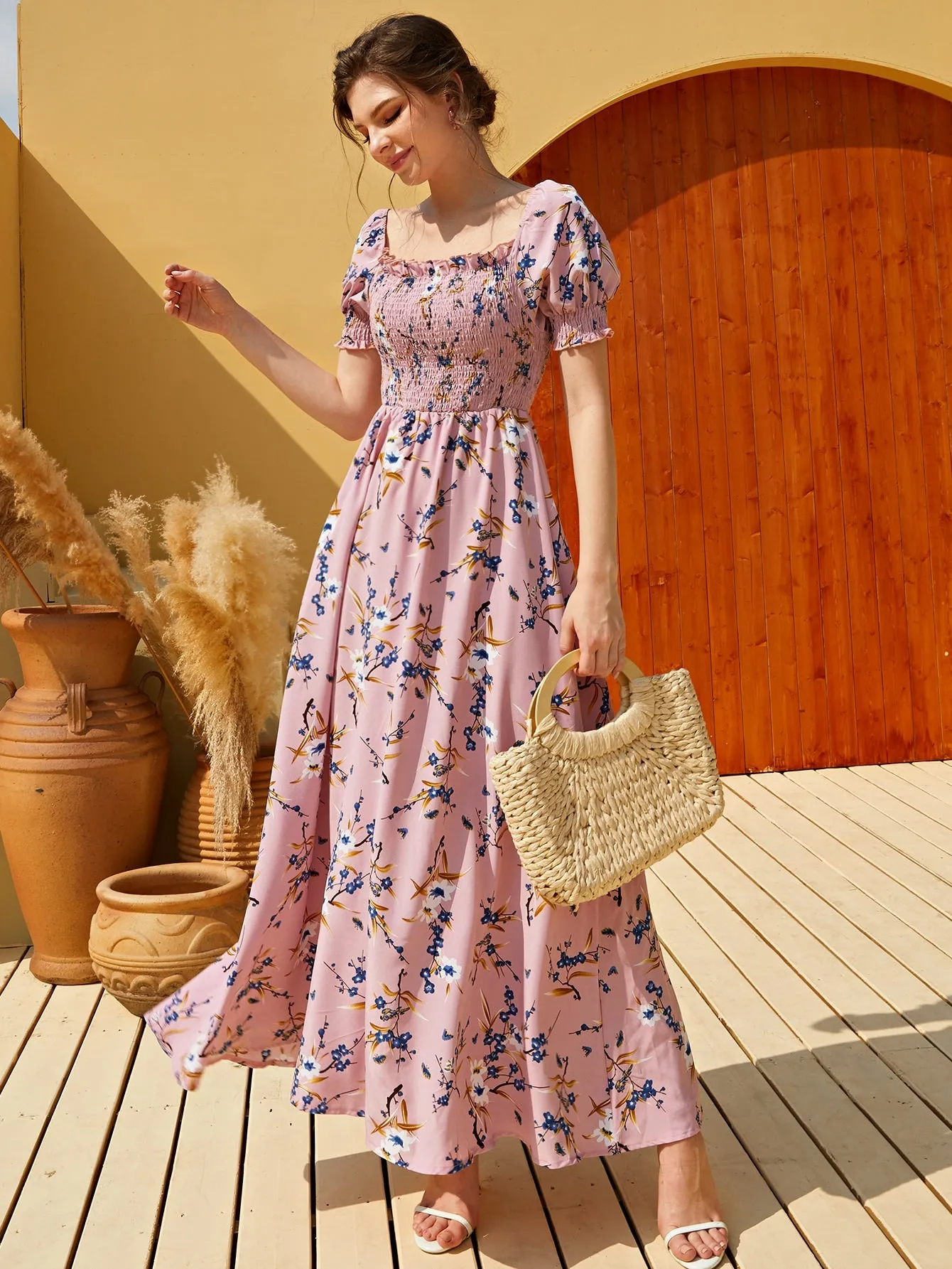 Mulvari Floral Square Neck Shirred A-line Dress
