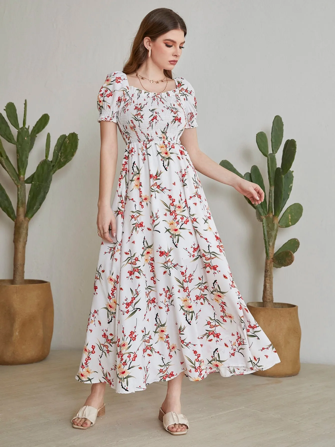 Mulvari Floral Square Neck Shirred A-line Dress