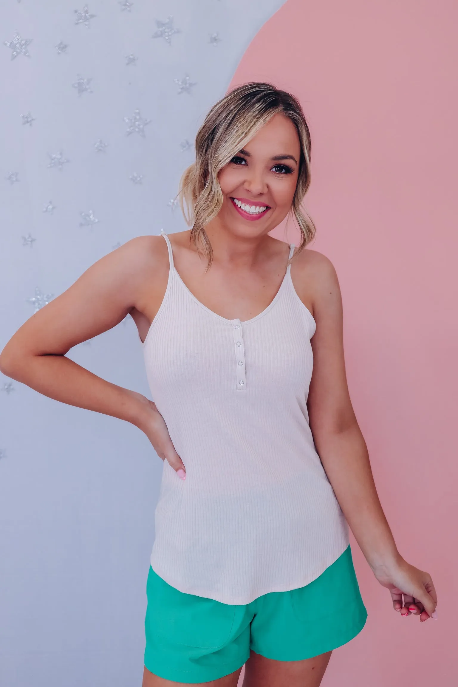 Never Basic Snap Front Ribbed Tank - Tan