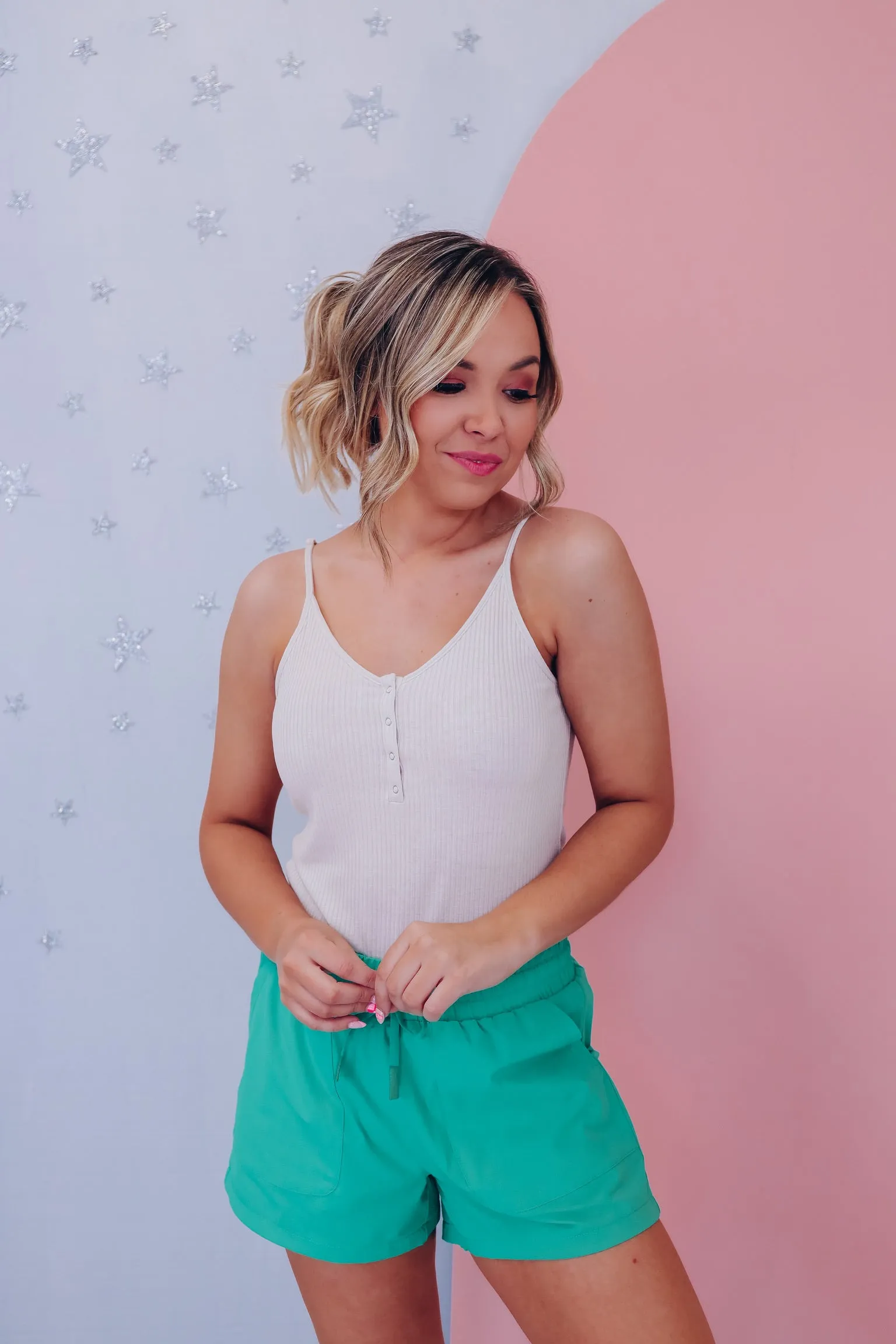 Never Basic Snap Front Ribbed Tank - Tan
