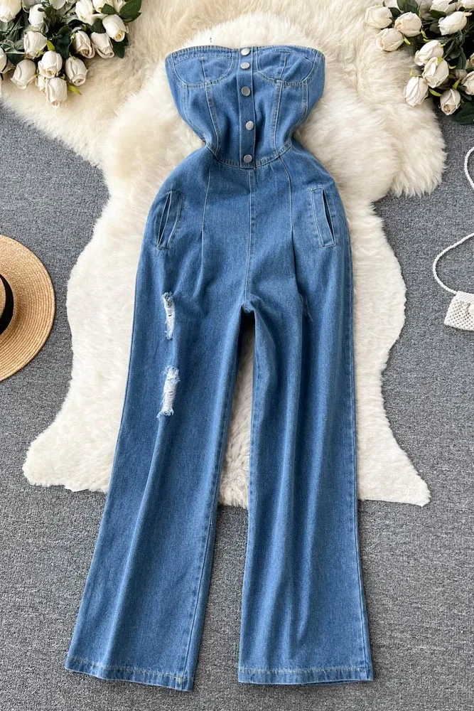New Retro Sexy Single-Breasted Female Denim Chest Wide-Leg Denim Pants Jumpsuit