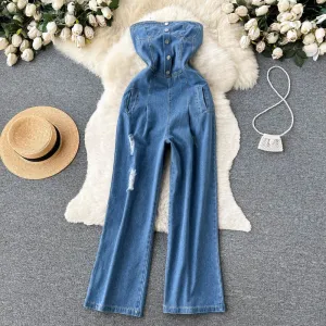 New Retro Sexy Single-Breasted Female Denim Chest Wide-Leg Denim Pants Jumpsuit