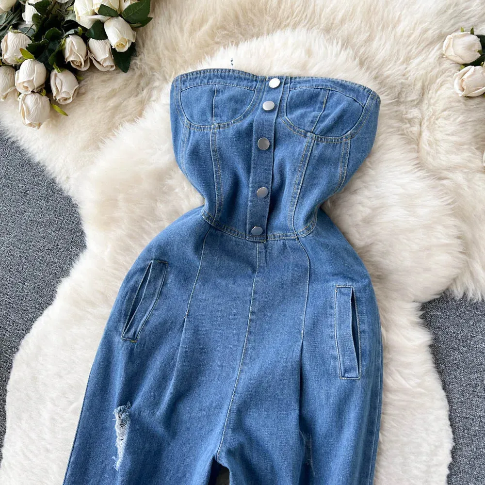 New Retro Sexy Single-Breasted Female Denim Chest Wide-Leg Denim Pants Jumpsuit