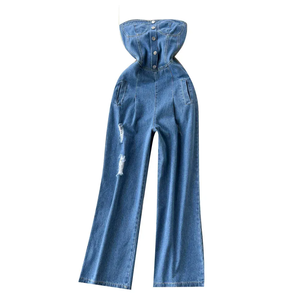 New Retro Sexy Single-Breasted Female Denim Chest Wide-Leg Denim Pants Jumpsuit