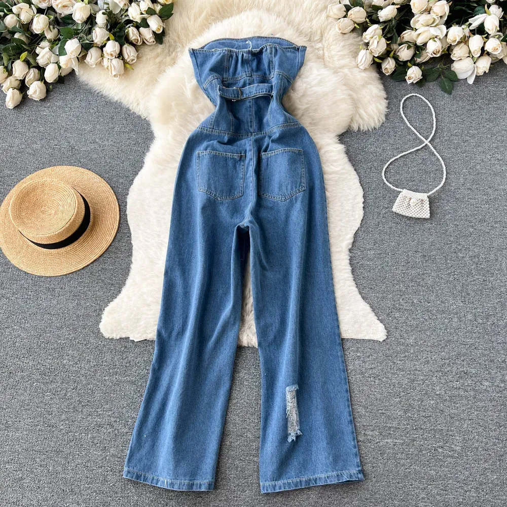 New Retro Sexy Single-Breasted Female Denim Chest Wide-Leg Denim Pants Jumpsuit