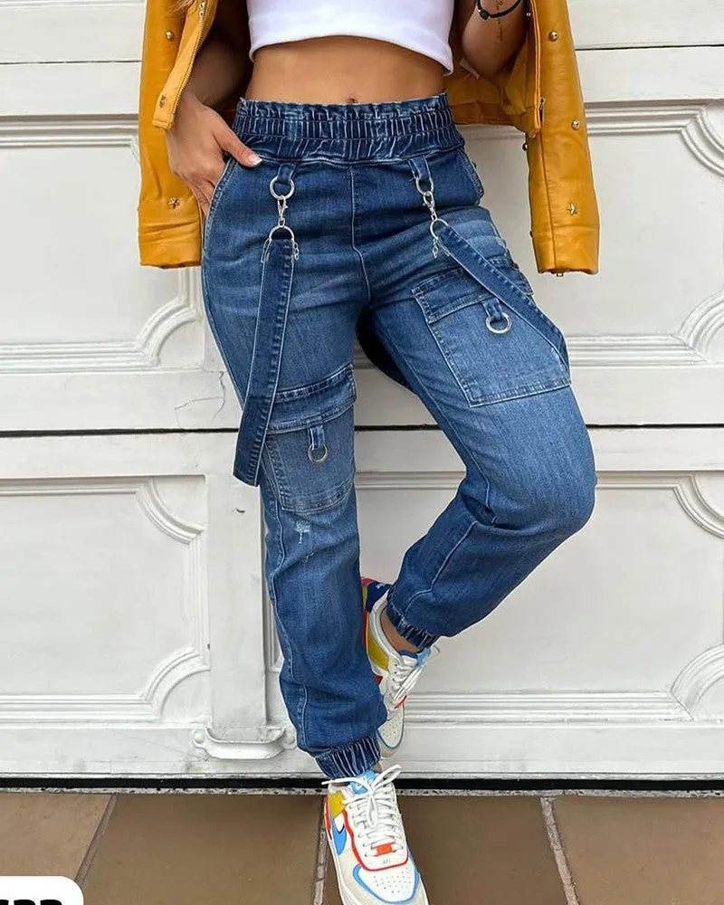 O Ring Decor Pocket Design Denim Suspender Jumpsuit
