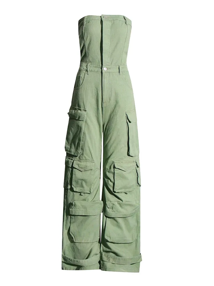 Off Shoulder Green Pockets Jumpsuits