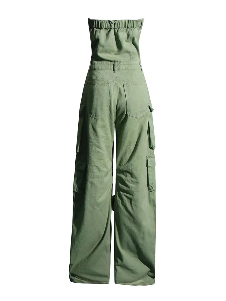 Off Shoulder Green Pockets Jumpsuits