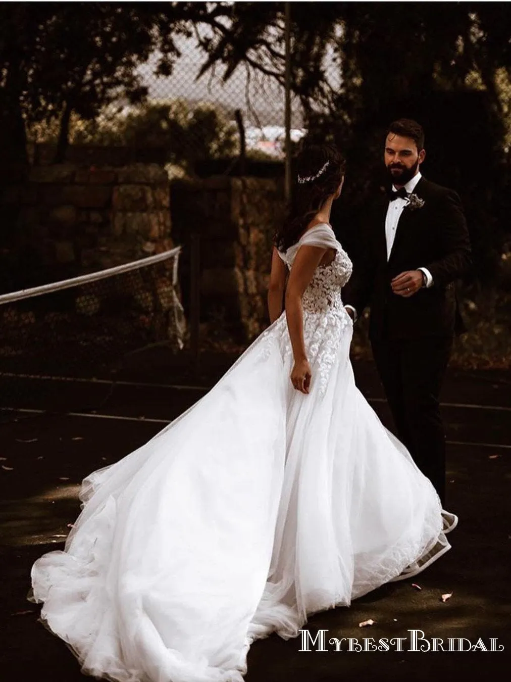 Off-The-Shoulder Lace Appliqued Tulle A-line Long Cheap Wedding Dresses, WDS0040